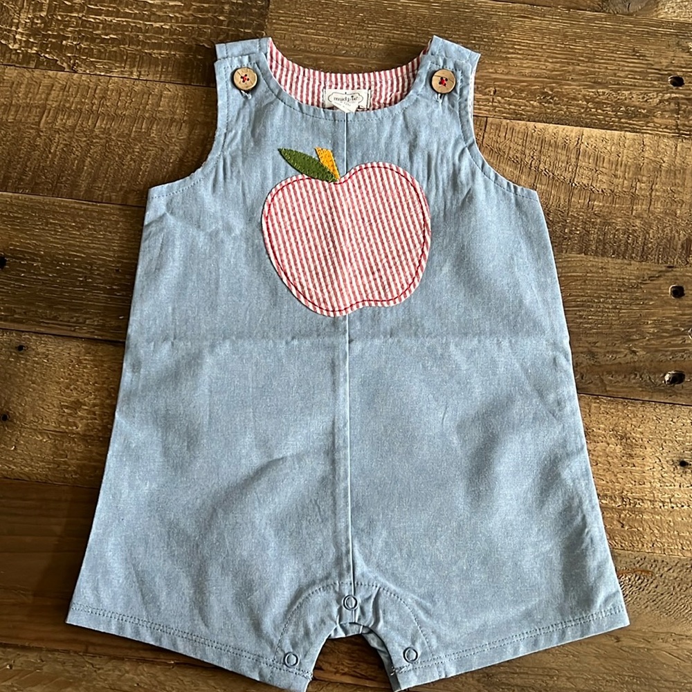 NWT MUD PIE Mudpie APPLE Appliqué Seersucker ROMPER Outfit Boy or Girl